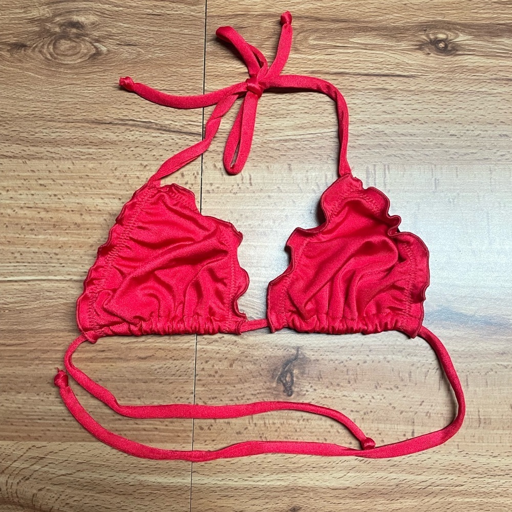 Vibrant Crimson Red Ruffle Lettuce Trim Triangle Bikini Top Swim